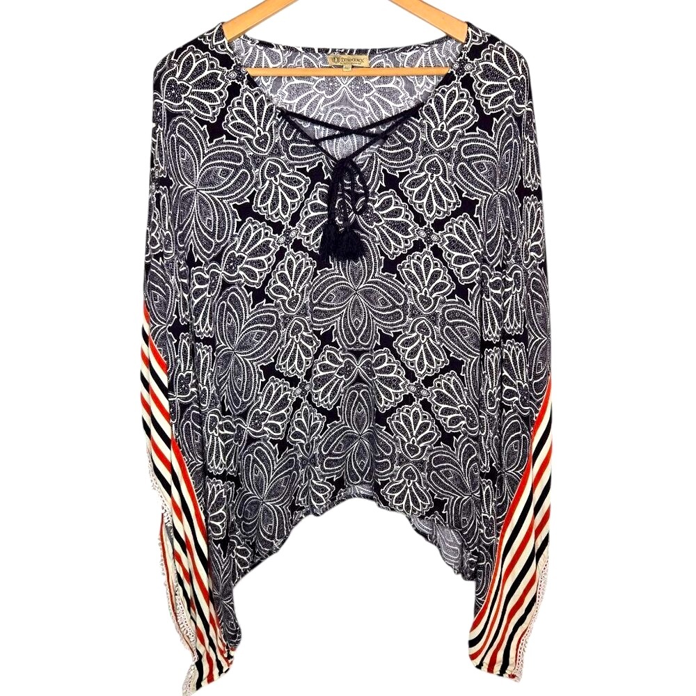 Democracy Black & White Floral Lace-Print Poncho with Red & Cream Stripe Sleeves